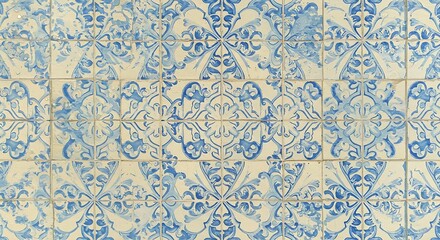 Ornate Blue and Cream Tile Pattern Decorative Floor Design Vintage Style
