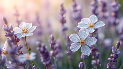 Obraz premium Enchanting Spring Morning Dew-kissed Blooms in Lavender Hues