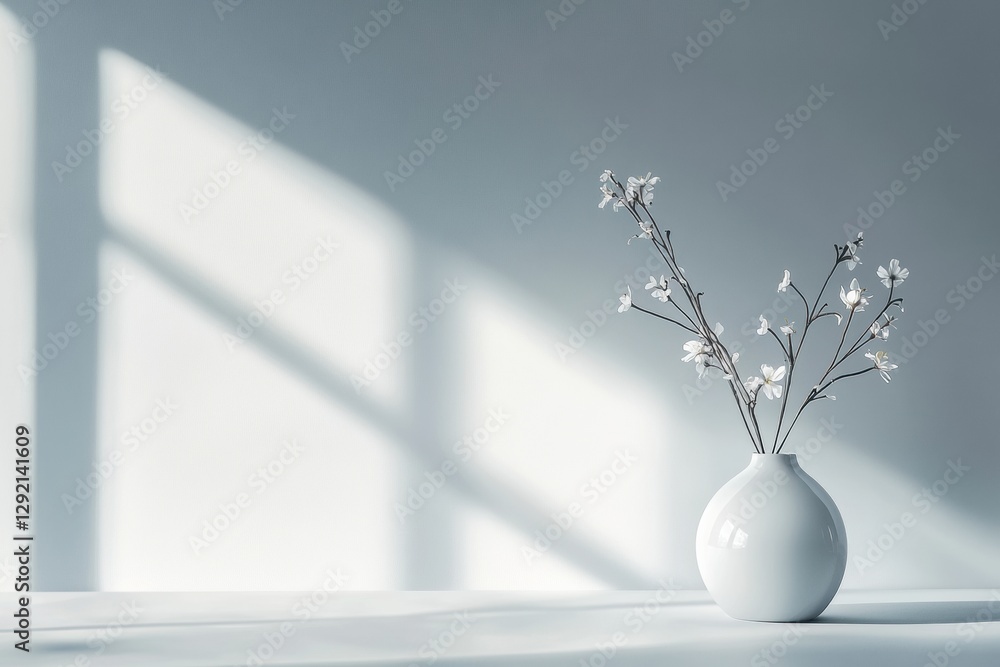 Poster white vase with delicate flowers on a simple table with soft shadows in bright natural light. genera