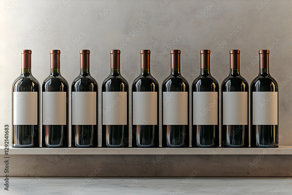 Poster collection of wine bottles with blank labels arranged neatly on a shelf. generative ai.