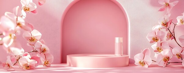 Stylish pink background with textured arch podium and flowers for cosmetics display, ideal for skincare product promotion