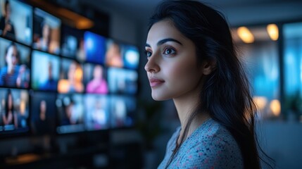 A Visionary at the Interface: A captivating young woman gazes thoughtfully, illuminated by the glow of a multitude of screens displaying a dynamic array of content and information
