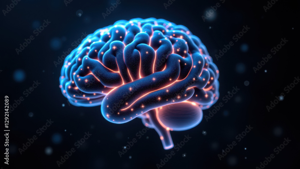 Poster a futuristic depiction of artificial general intelligence represented by a digital brain with glowin