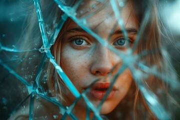 shattered mirror reflecting a woman with a split identity, representing the struggles of bipolar disorder and anxiety. The image explores themes of stress, psychology, ego, fear, danger