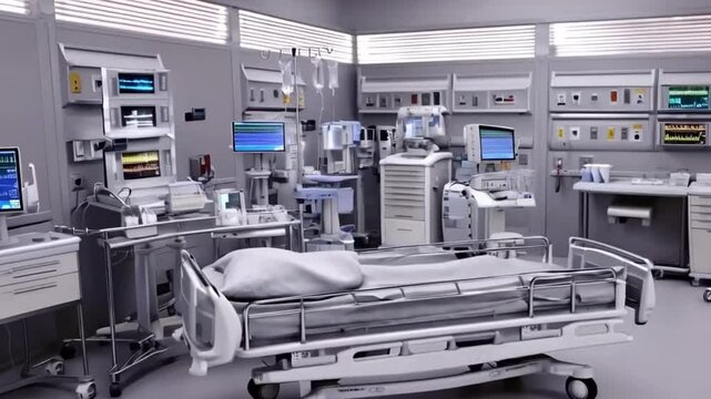 A state-of-the-art hospital workroom featuring medical equipment, patient monitors, computers, and essential tools, designed for a clean, efficient, and professional healthcare setting.