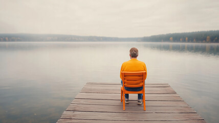 Man finds peace and solitude on a tranquil misty lake, sitting on an orange chair on a wooden pier, embracing the serene atmosphere