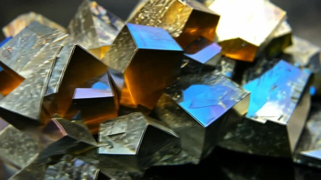 Brilliant arrangement of colorful pyrite crystals displaying unique facets and metallic reflections in natural light