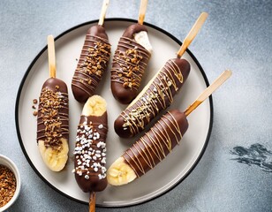 frozen chocolate covered bananas with toppings on stick healthy vegan dessert top view