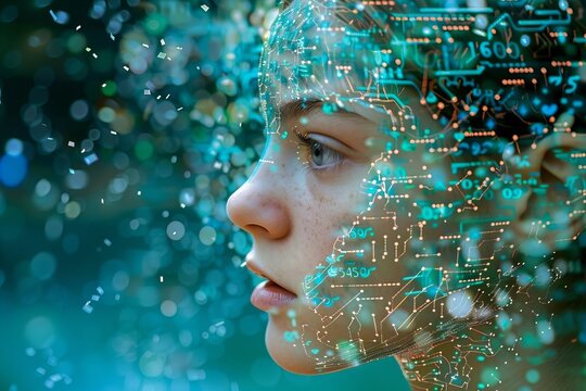 close-up shot of a young person's head with digital information exploding out of their brain, symbolizing the overwhelming amount of media and information in today's society.