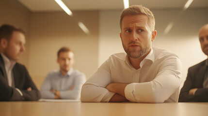 Fototapeta premium Pensive businessman with crossed arms listens to colleagues during a heated discussion in a meeting room