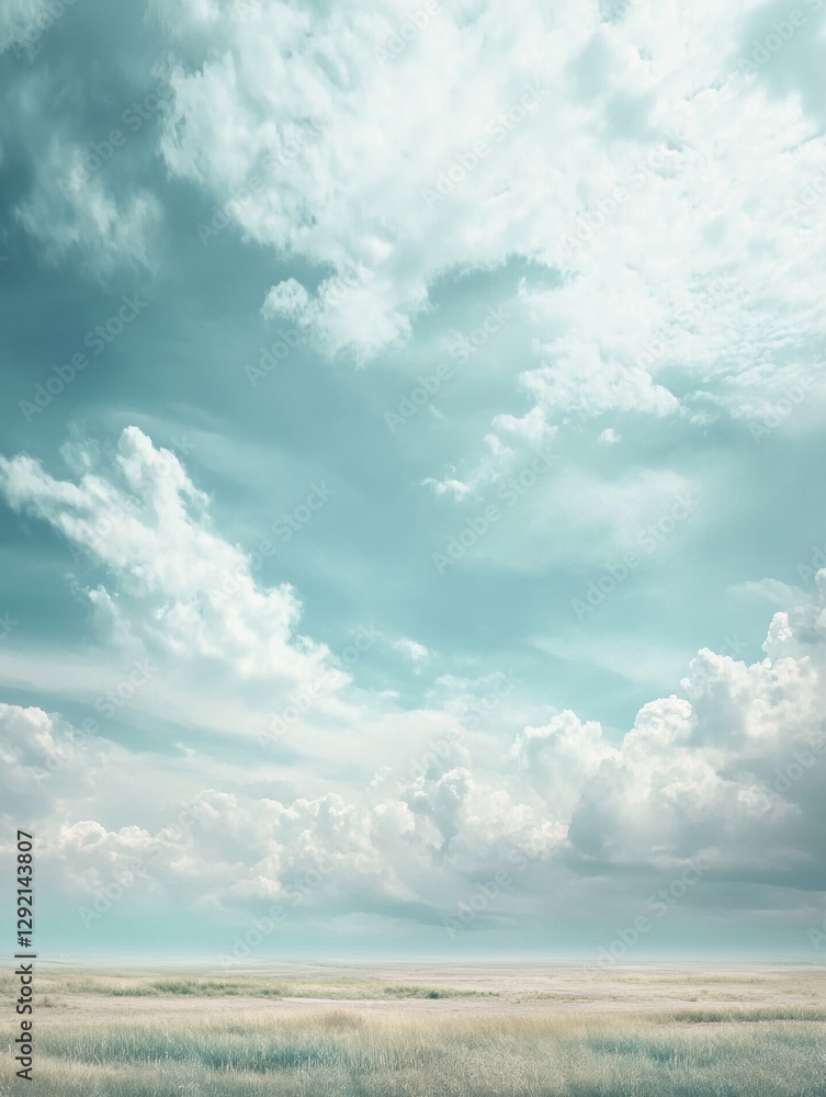 Fototapete Vast open field under an expansive blue sky with fluffy clouds during a tranquil afternoon. Generative AI