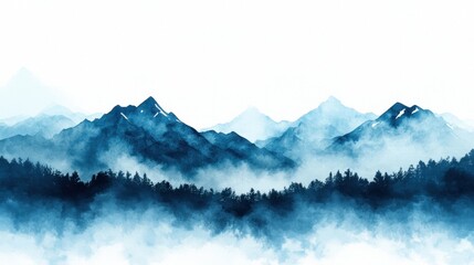 The mountains are covered in a thick layer of fog, creating a serene