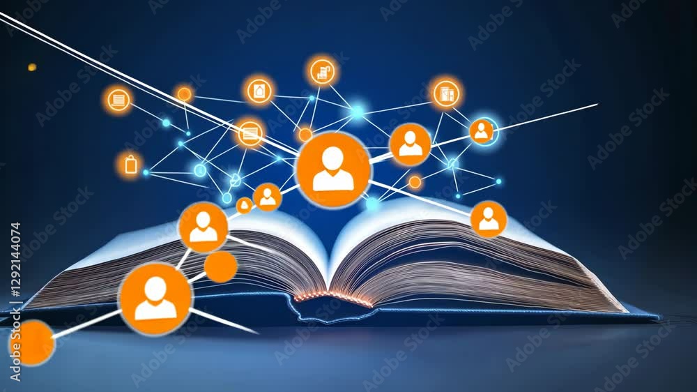 Poster open book with digital network icons representing connectivity and information exchange glowing symb