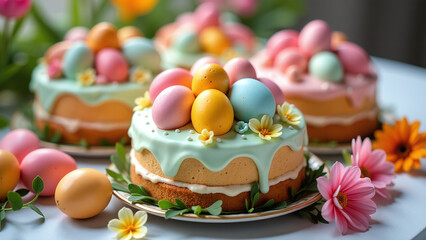 festive cakes often decorated colorful arrangements eggs flowers surrounding