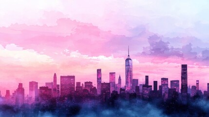 Fototapeta premium A city skyline with a pink and purple sky
