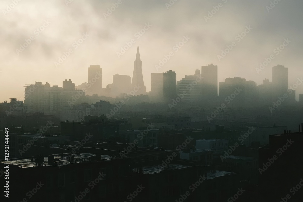 Poster cityscape enveloped in heavy gray smog with silhouettes of buildings fading into haze. generative ai