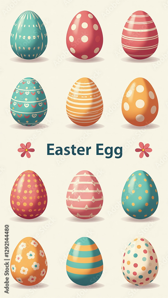 Poster flat vector easter egg illustrations set design featuring various colorful patterns single