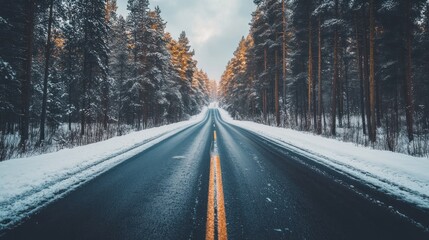 Obraz premium winter road through snow-covered forest with tall trees under cloudy sky. serene winter landscape. travel, adventure, nature exploration, poster, background.