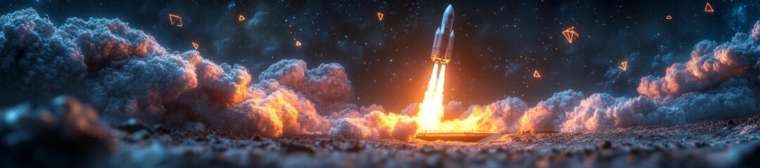 Rocket Launch from Neon Lit Launchpad in Futuristic Setting. Generative AI