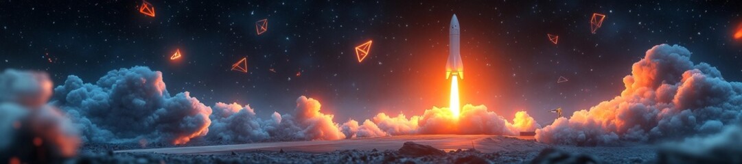 Naklejka premium Futuristic Rocket Launch Surrounded by Glowing Shapes. Generative AI