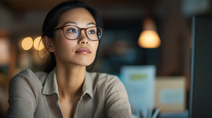 Contemplative businesswoman reviewing investment charts on laptop screen, working late in shadowy home workspace, strategizing financial planning