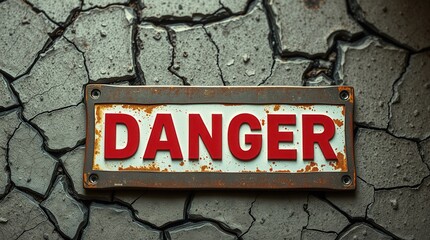 Weathered "Danger" sign affixed to a cracked, rough wall, signaling risk and caution in a hazardous zone.