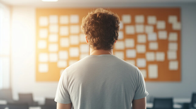 Professional businessman reviewing project milestones on expansive corkboard, strategizing workplace success and tracking corporate goals