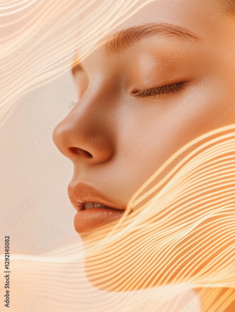 Poster golden lines flow around a young womans face, illustrating a rejuvenating botox lifting effect for r