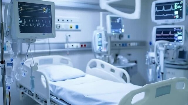 A modern hospital workroom equipped with advanced medical devices, patient monitors, computers, and essential tools, ensuring a clean, efficient, and organized environment for healthcare professionals