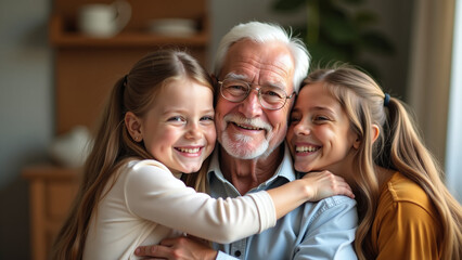girls hug affectionate grandfather heartwarming family moment loving