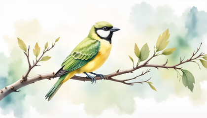 Naklejka premium Watercolor depiction of a bird on tree branch