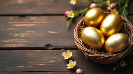 golden easter eggs traditional wooden background decorative