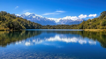 Fototapeta premium A tranquil lake with crystal-clear water reflects the majestic snow-capped mountain range and lush pine forest under a bright blue sky