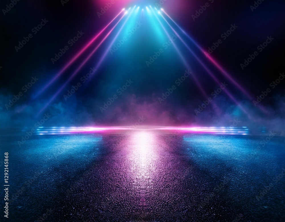 Poster empty background scene dark reflection of the street on wet asphalt rays of neon light in the dark s