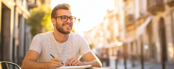 Traveler journaling at sunlit outdoor cafe, capturing memories amid European urban landscape during warm afternoon light