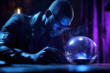 Obraz premium Young african male mystical fortune teller with crystal ball in dimly lit room