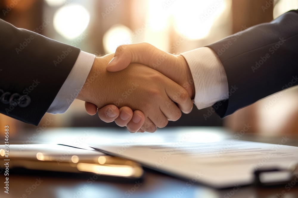Poster business partners sealing a deal with a handshake in a modern office setting during the afternoon. g