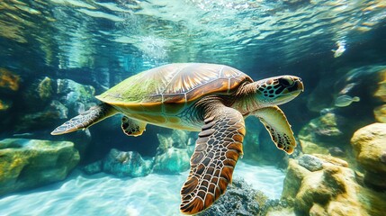 A graceful sea turtle glides through clear ocean waters, surrounded by vibrant coral formations