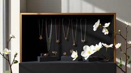 Chic Minimalist Jewelry Display with Spring Flowers and Bold Black and Gold Contrast