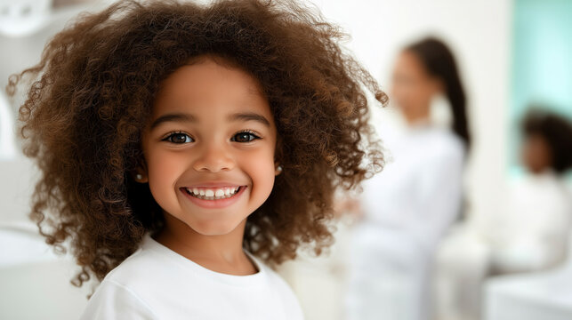 Portrait of a smiling young girl with perfect teeth after a dental check up, showing her happiness with a bright smile in a dental clinic