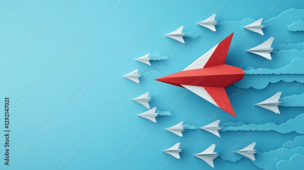 Aufkleber Red and white airplane leads formation of paper planes in bright blue sky showcasing direction and teamwork. Generative AI