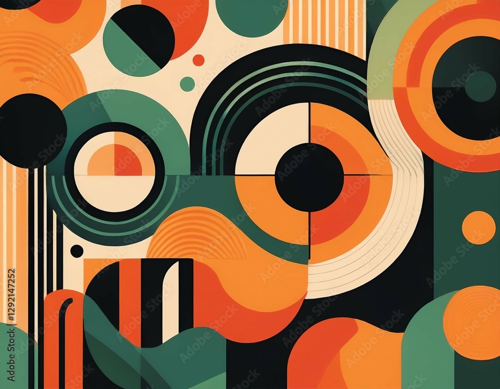 Poster warm toned abstract geometric pattern with a retro vibe showcasing circles and curved shapes in oran