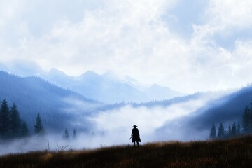 Obraz premium Lone cowboy in misty mountain landscape under cloudy sky