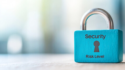 Closed padlock resting on a wooden surface, symbolizing security risk levels and emphasizing the...