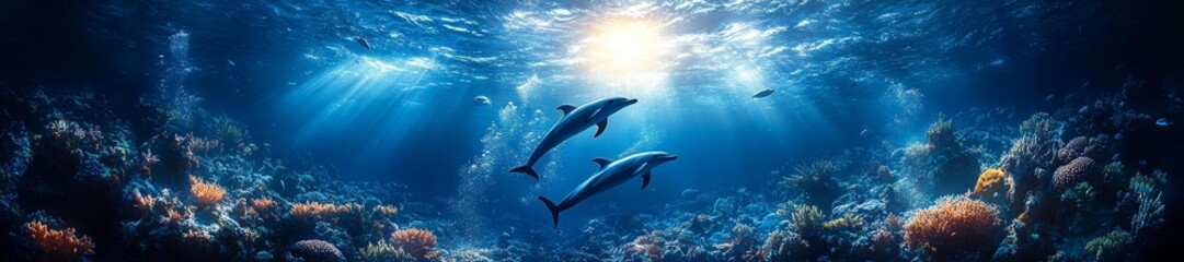 Obraz premium Dolphins Swimming in Clear Blue Ocean with Sunlight Streaming Through. Generative AI