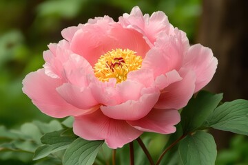Beautiful pink peony blooming in garden close-up