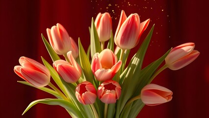 Fototapeta premium Elegant Tulip Bouquet Radiating Soft Light Against Deep Red Background