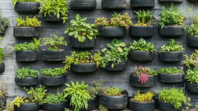 Vertical garden with plants growing in recycled tires, creating a green wall using old tires as planters for an eco-friendly urban garden.