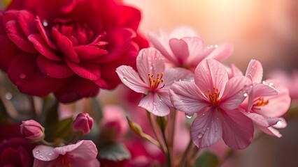 Fototapeta premium Glistening Dewdrops Serene Spring Morning in Velvety Red