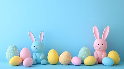 Bright and cheerful Easter celebration with pastel bunnies and colorful eggs. Generative AI
